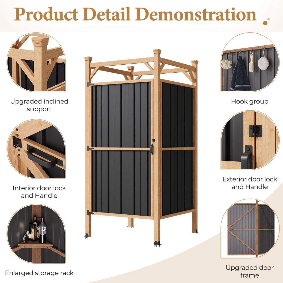 EROMMY Outdoor Shower Enclosure with Lockable Door, Weatherproof Outdoor Shower Stall with Metal Panels, Hooks & Shelves - Perfect for Pool Wash Station, Backyard & Beach Rinse Area Small Version