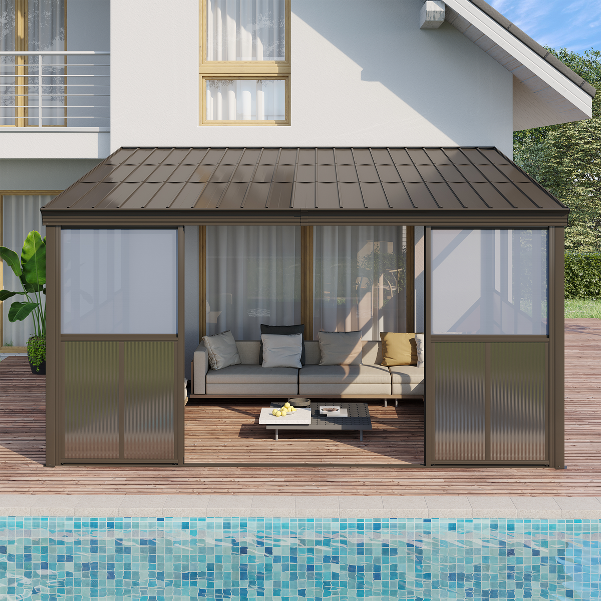EROMMY 12 x 14 FT Wall-Mounted Gazebo, All-season Aluminum Patio Gazebo With Side Door, Outdoor Permanent Sunroom, Brown