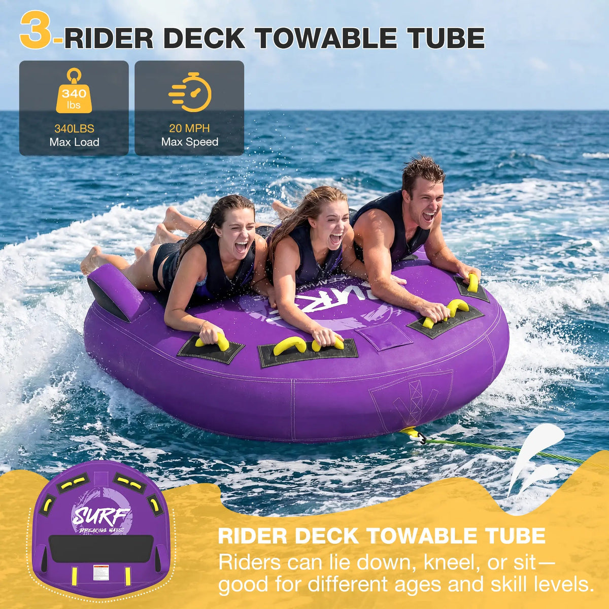 EROMMY 3-Person Deck Towable Tubes for Boating with Winged Side Bolsters and Towable Rope, Padded Bolster Guard Handles & Quick-Connect Tow Point