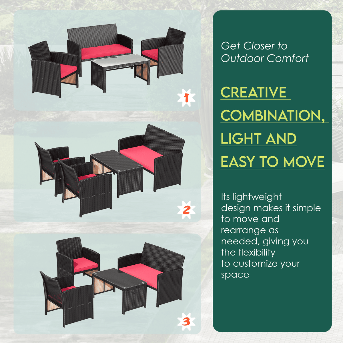 EROMMY 4-Piece Patio Furniture Set, Outdoor Wicker Patio Conversation Set with Cushions, Sofa & Glass Coffee Table, Red