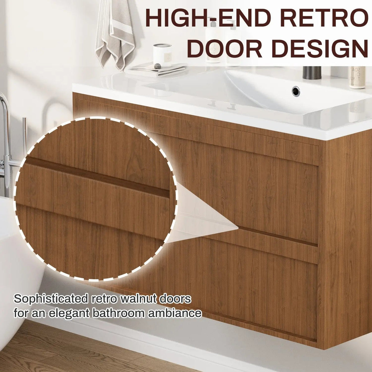 EROMMY 30 Inch Bathroom Vanity with Sink, Floating Bathroom Vanity with 2 Large Storage Drawers, Wood Grain Wall Mounted Bathroom Cabinet, Walnut