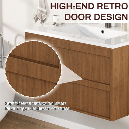 EROMMY 30 Inch Bathroom Vanity with Sink, Floating Bathroom Vanity with 2 Large Storage Drawers, Wood Grain Wall Mounted Bathroom Cabinet, Walnut
