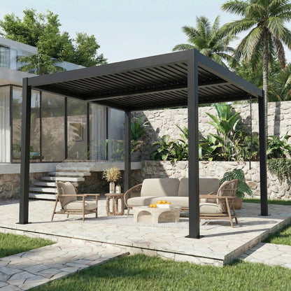 EROMMY 10' x 10' Outdoor Pergola with Adjustable Louvered Roof & Integrated Drainage, Black
