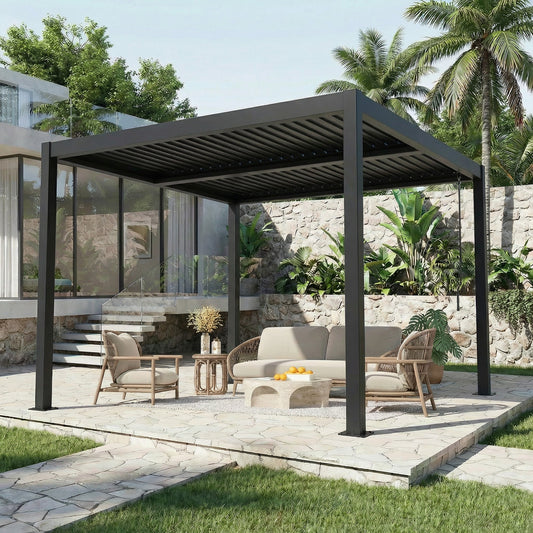 EROMMY 10' x 10' Outdoor Pergola with Adjustable Louvered Roof & Integrated Drainage, Black