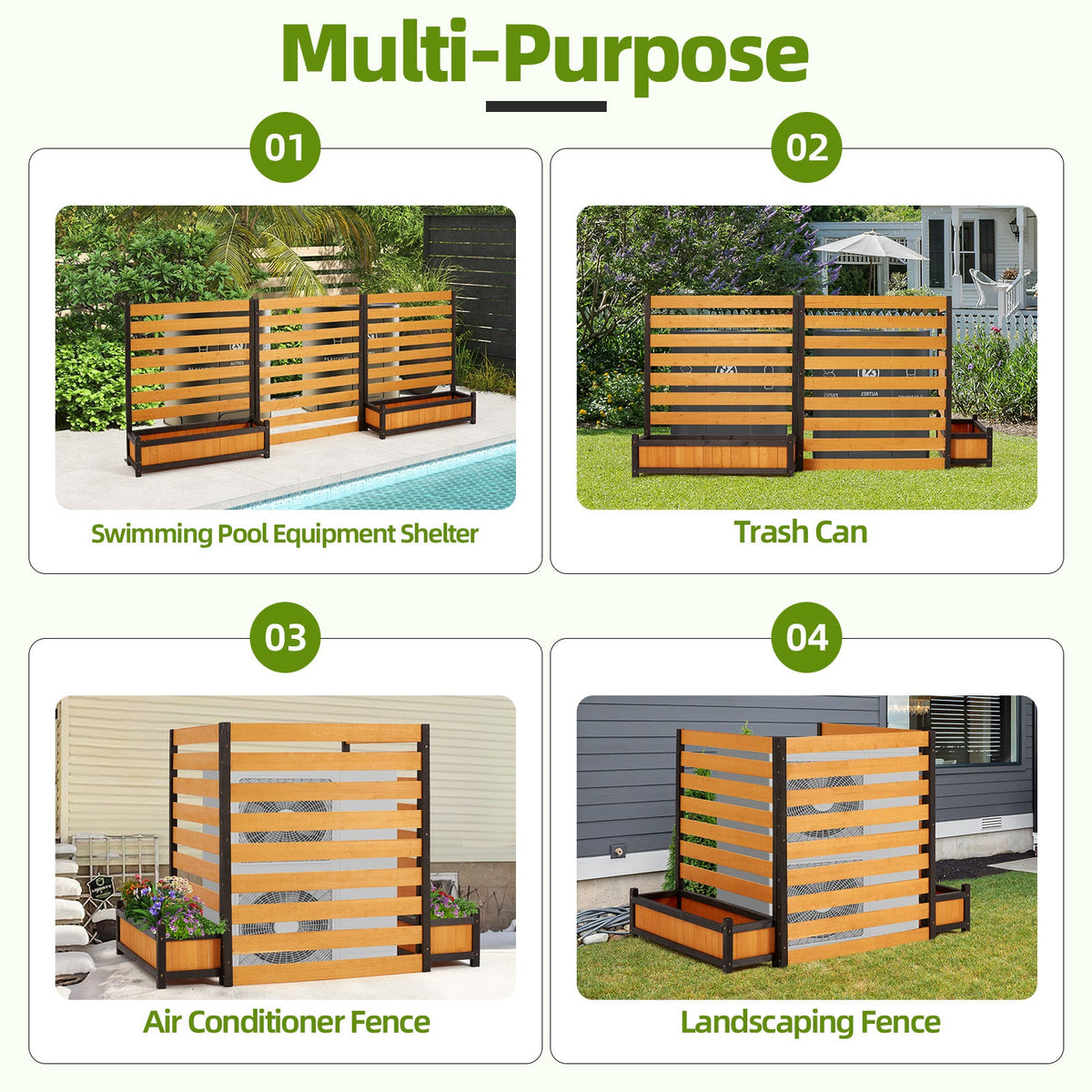 EROMMY No-Dig Privacy Fence with Planter Box - 3 Panels, 33" W x 39" H Durable Outdoor Patio Wood Screen for AC Unit, Trash Hide & Floral Garden Bed, Yellow