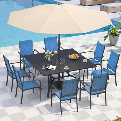 EROMMY 9 Piece Patio Dining Set, Outdoor Dining Table And Chairs Set For 8, 8 PVC-coated polyester Chairs, 1 Iron Square Table With Adjustable Umbrella Hole (1.57"-1.97"), Blue