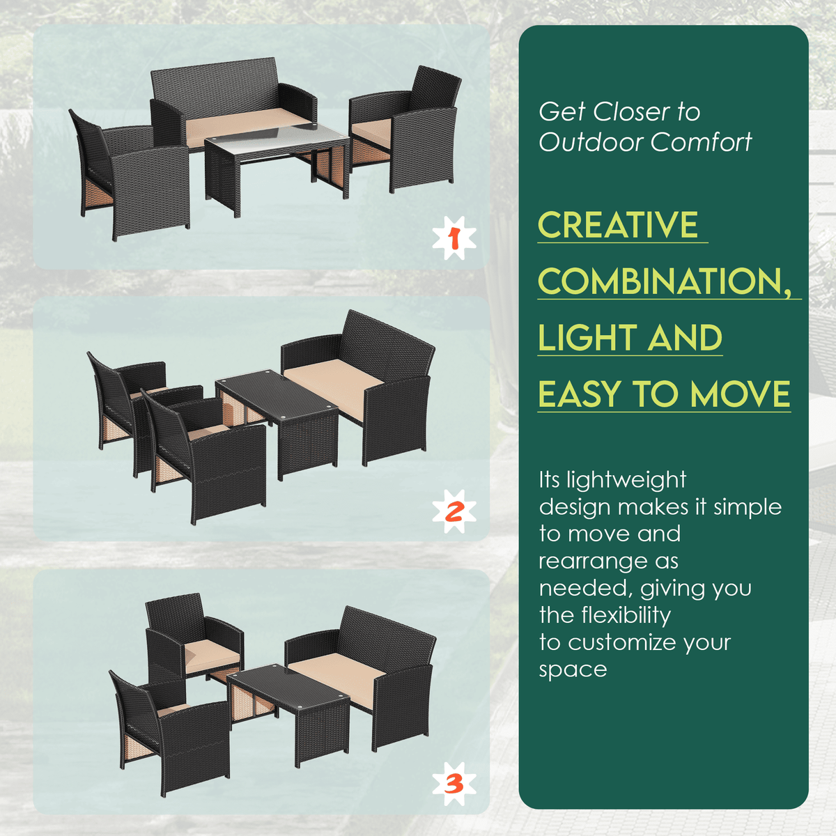 EROMMY 4-Piece Patio Furniture Set, Outdoor Wicker Patio Conversation Set with Cushions, Sofa & Glass Coffee Table, Khaki