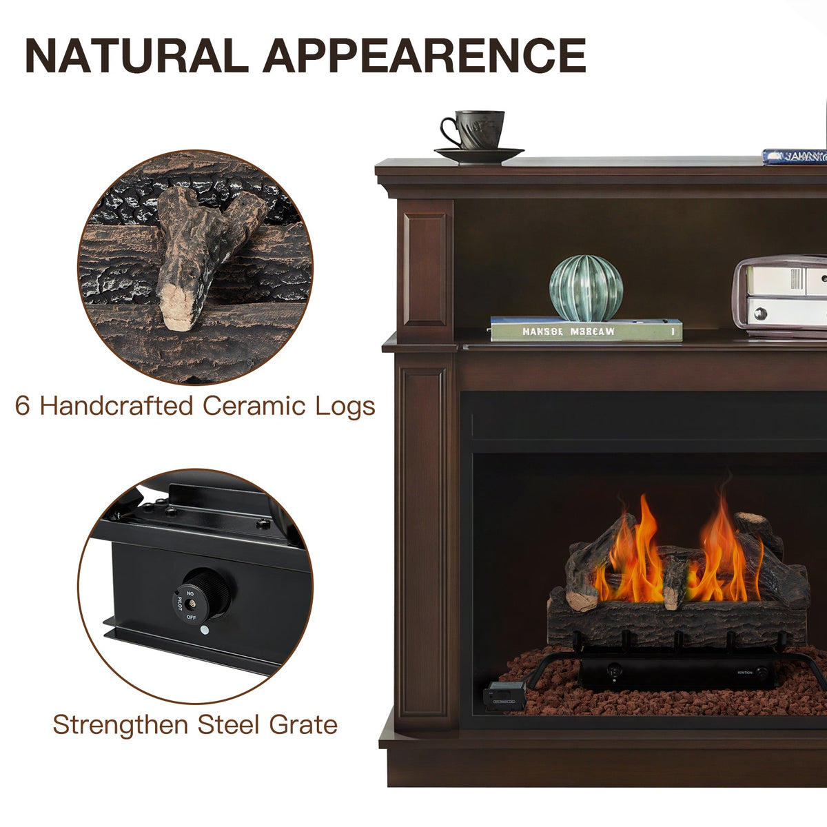 EROMMY 24 Inch Ventless Fireplace Logs Set, Only Used for LP/Propane, Brown