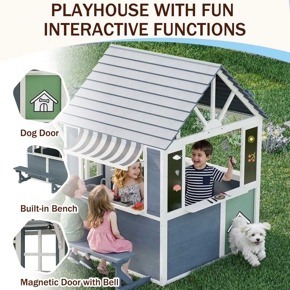 EROMMY Outdoor Playhouse for Kids, Wooden Kid Play House with Kitchen Toys ,Blue Grey