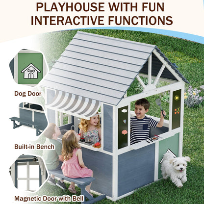 EROMMY Outdoor Playhouse for Kids, Wooden Kid Play House with Kitchen Toys ,Blue Grey
