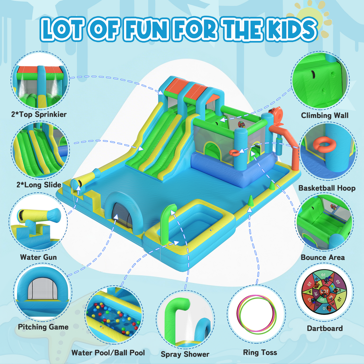 EROMMY Inflatable Bounce House, Bouncy House with Double Water Slide, Inflatable Bouncy Castle Water Bounce House with Blower, Climbing Wall, Jumping, Splash Pool for Kids Indoor Outdoor