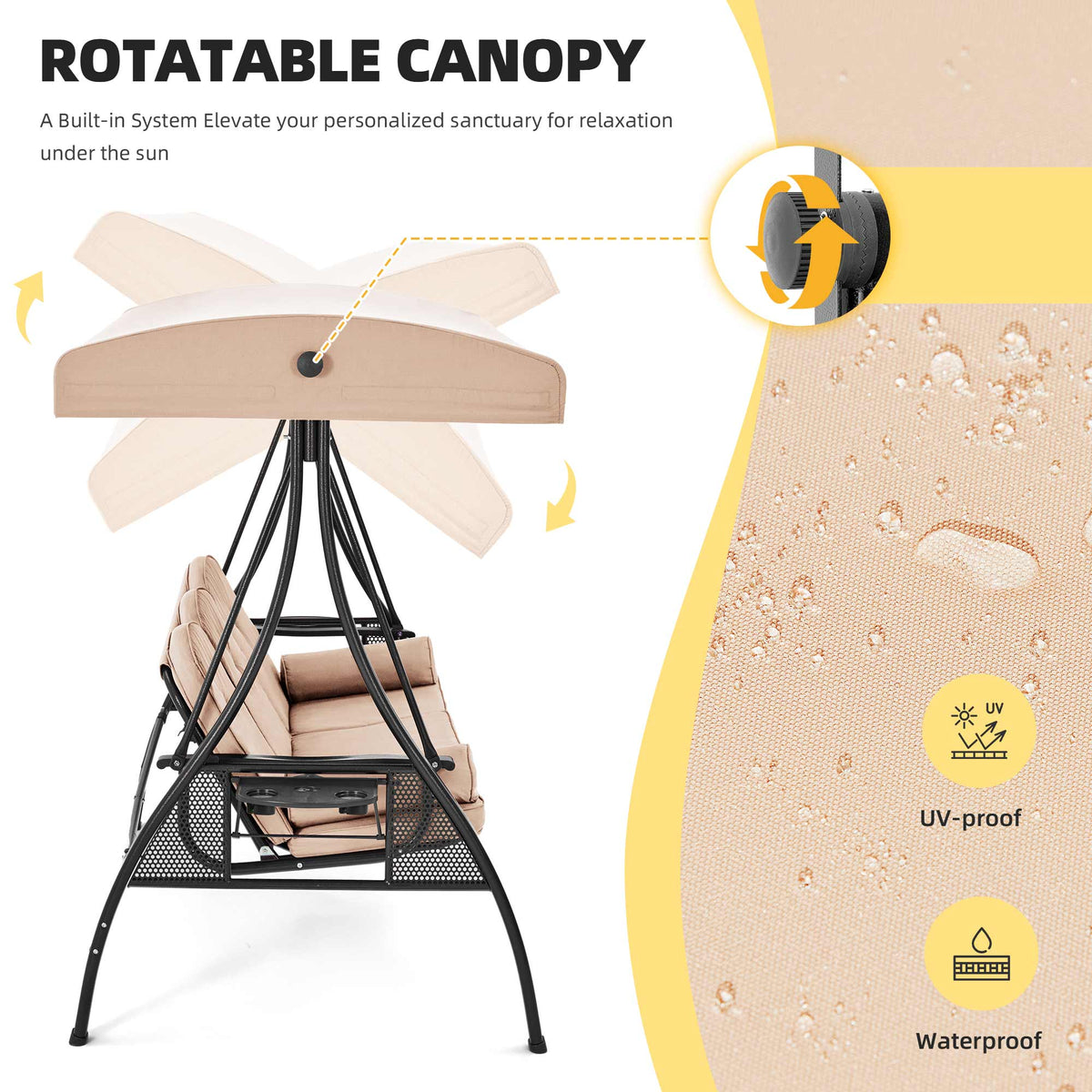 EROMMY 3-Seat Outdoor Porch Swing with Adjustable Canopy and Backrest, Khaki