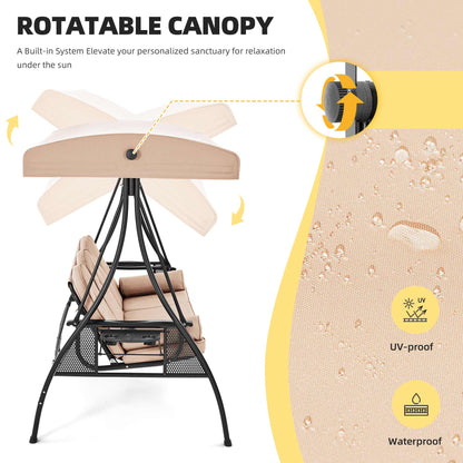 EROMMY 3-Seat Outdoor Porch Swing with Adjustable Canopy and Backrest, Khaki