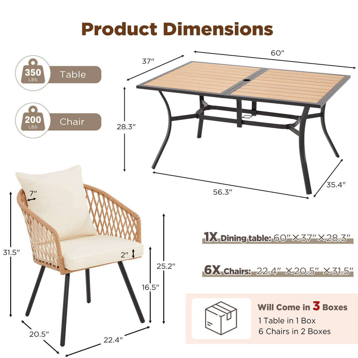 EROMMY 7-Piece Outdoor Dining Set – Rectangular Table with Umbrella Hole & 6 Rattan Chairs, Beige