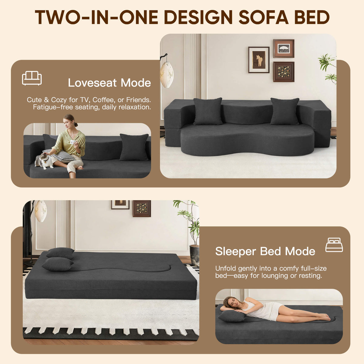 EROMMY Folding Sofa Bed, Floor Sofa Couch, Convertible Sofa Bed With High Density Foam, Foldable Floor Couch Bed