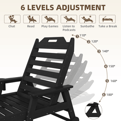 EROMMY 22" W Oversized Chaise Lounge Chairs, Adjustable HDPE Outdoor Chairs with Wheels & Cup Holder, Black