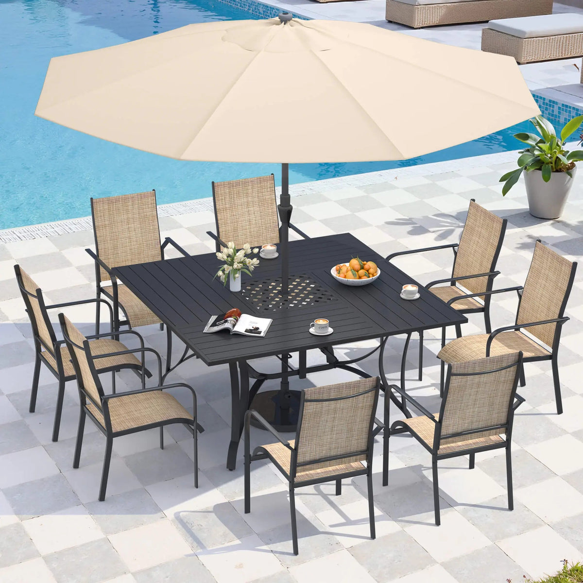 EROMMY 9 Piece Patio Dining Set, Outdoor Dining Table And Chairs Set For 8, 8 PVC-coated polyester Chairs, 1 Iron Square Table With Adjustable Umbrella Hole (1.57"-1.97"), Brown