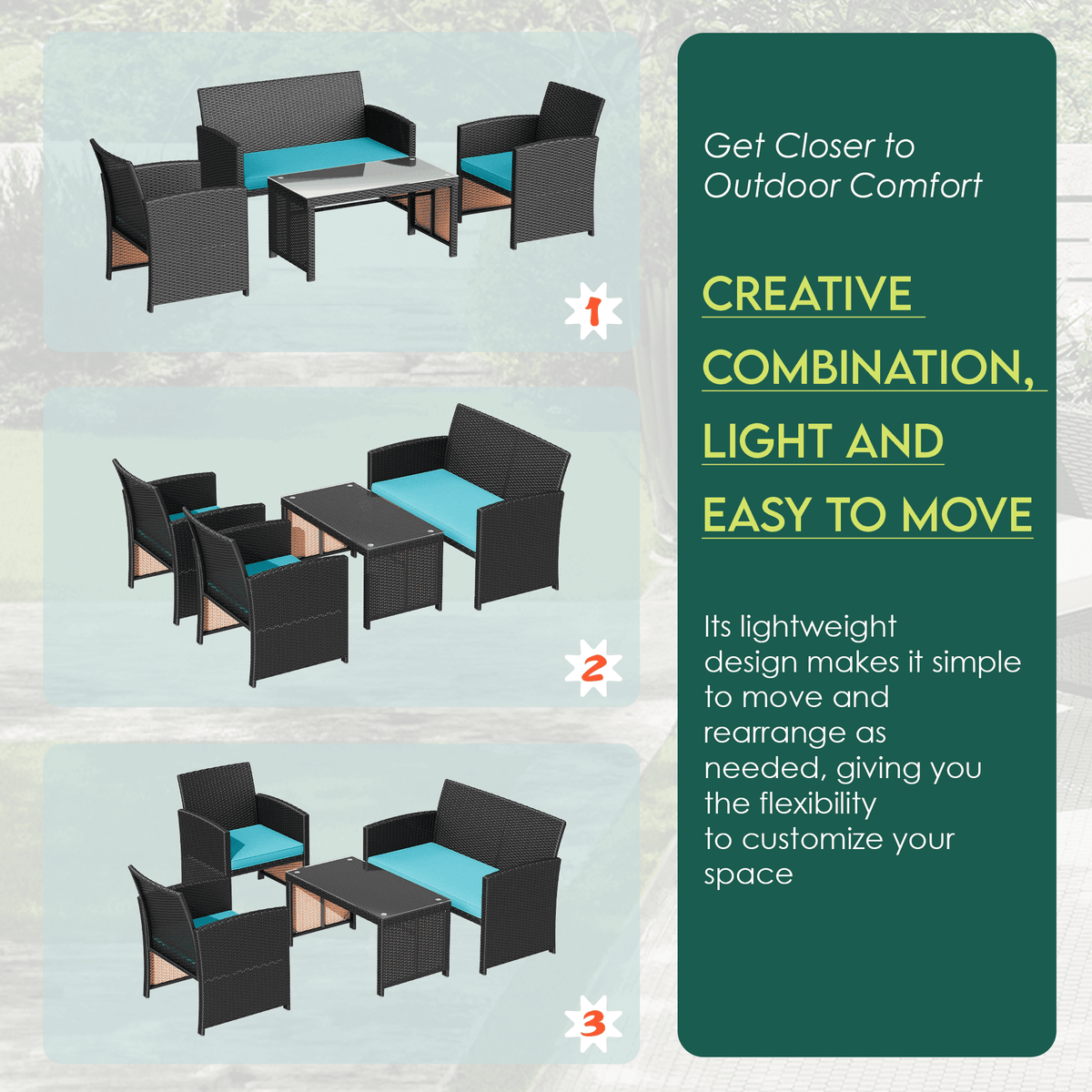 EROMMY 4-Piece Patio Furniture Set, Outdoor Wicker Patio Conversation Set with Cushions, Sofa & Glass Coffee Table, Blue