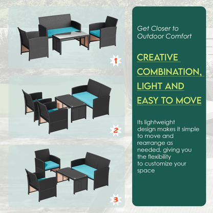 EROMMY 4-Piece Patio Furniture Set, Outdoor Wicker Patio Conversation Set with Cushions, Sofa & Glass Coffee Table, Blue