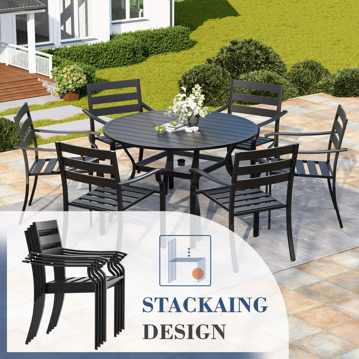 EROMMY 7-Piece Outdoor Patio Dining Set for 6, Round Metal Table with Umbrella Hole & Stackable Chairs