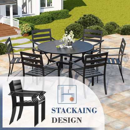 EROMMY 7-Piece Outdoor Patio Dining Set for 6, Round Metal Table with Umbrella Hole & Stackable Chairs