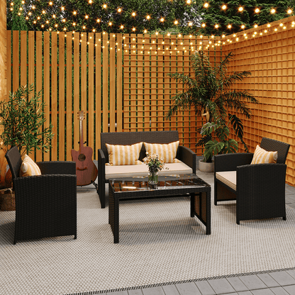 EROMMY 4-Piece Patio Furniture Set, Outdoor Wicker Patio Conversation Set with Cushions, Sofa & Glass Coffee Table, Khaki