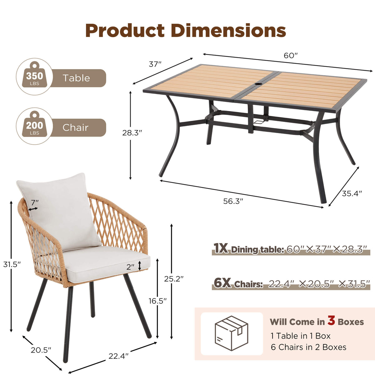 EROMMY 7-Piece Outdoor Dining Set – Rectangular Table with Umbrella Hole & 6 Rattan Chairs, Gray