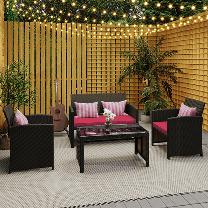 EROMMY 4-Piece Patio Furniture Set, Outdoor Wicker Patio Conversation Set with Cushions, Sofa & Glass Coffee Table, Red