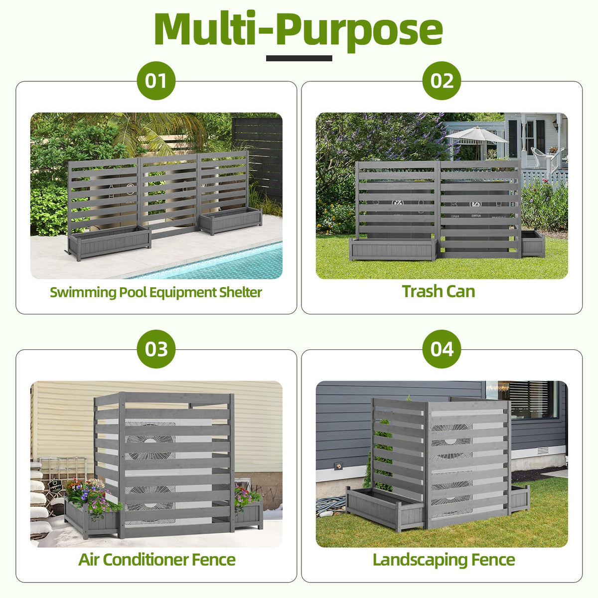 EROMMY No-Dig Privacy Fence with Planter Box - 3 Panels, 33" W x 39" H Durable Outdoor Patio Wood Screen for AC Unit, Trash Hide & Floral Garden Bed, Grey