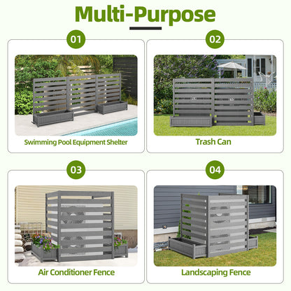EROMMY No-Dig Privacy Fence with Planter Box - 3 Panels, 33" W x 39" H Durable Outdoor Patio Wood Screen for AC Unit, Trash Hide & Floral Garden Bed, Grey