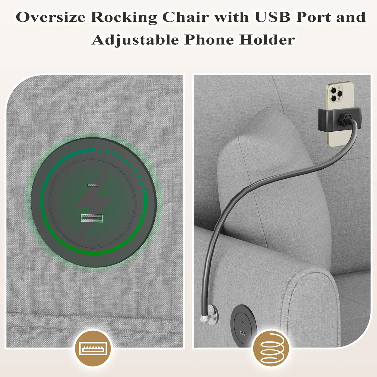 EROMMY Upholstered Oversize Rocking Chair with Adjustable Phone Handle, Nursery Rocking Chair with High Back and Side Pocket USB Port, Gray