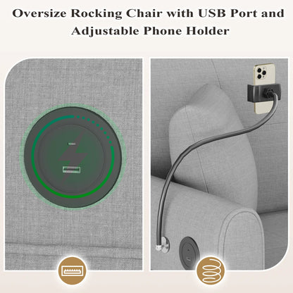 EROMMY Upholstered Oversize Rocking Chair with Adjustable Phone Handle, Nursery Rocking Chair with High Back and Side Pocket USB Port, Gray