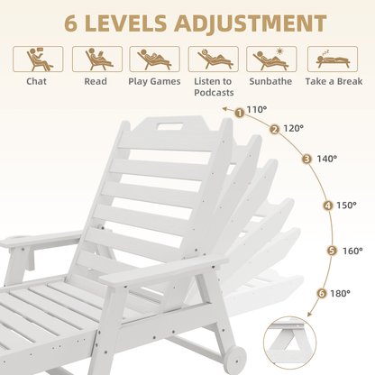 EROMMY 22" W Oversized Chaise Lounge Chairs, Adjustable HDPE Outdoor Chairs with Wheels & Cup Holder, White