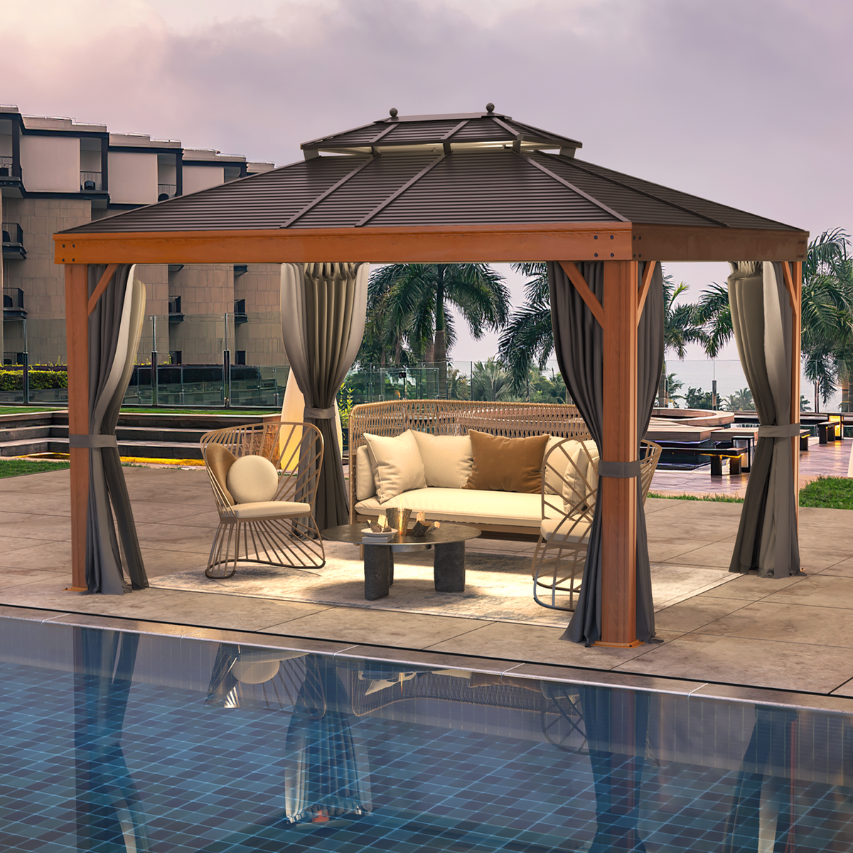 EROMMY 10' x 13' Hardtop Gazebo Faux Wood Grain with Aluminum Frame, Galvanized Steel Double Roof