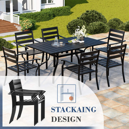 EROMMY 7-Piece Outdoor Patio Dining Set for 6, Rectangular Metal Table with Umbrella Hole & Stackable Chairs