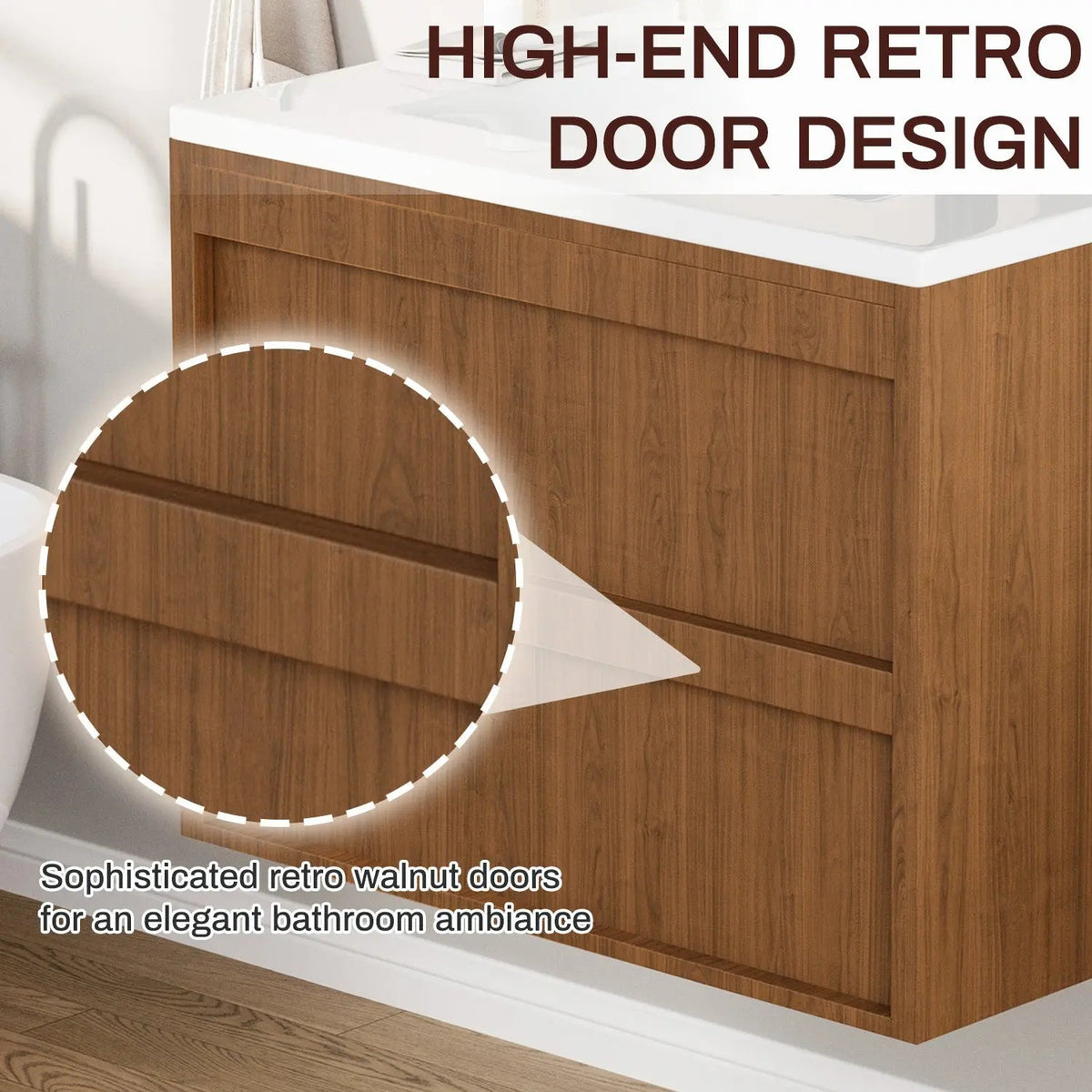 EROMMY 24 Inch Bathroom Vanity with Sink, Floating Bathroom Vanity with 2 Large Storage Drawers, Wood Grain Wall Mounted Bathroom Cabinet, Walnut