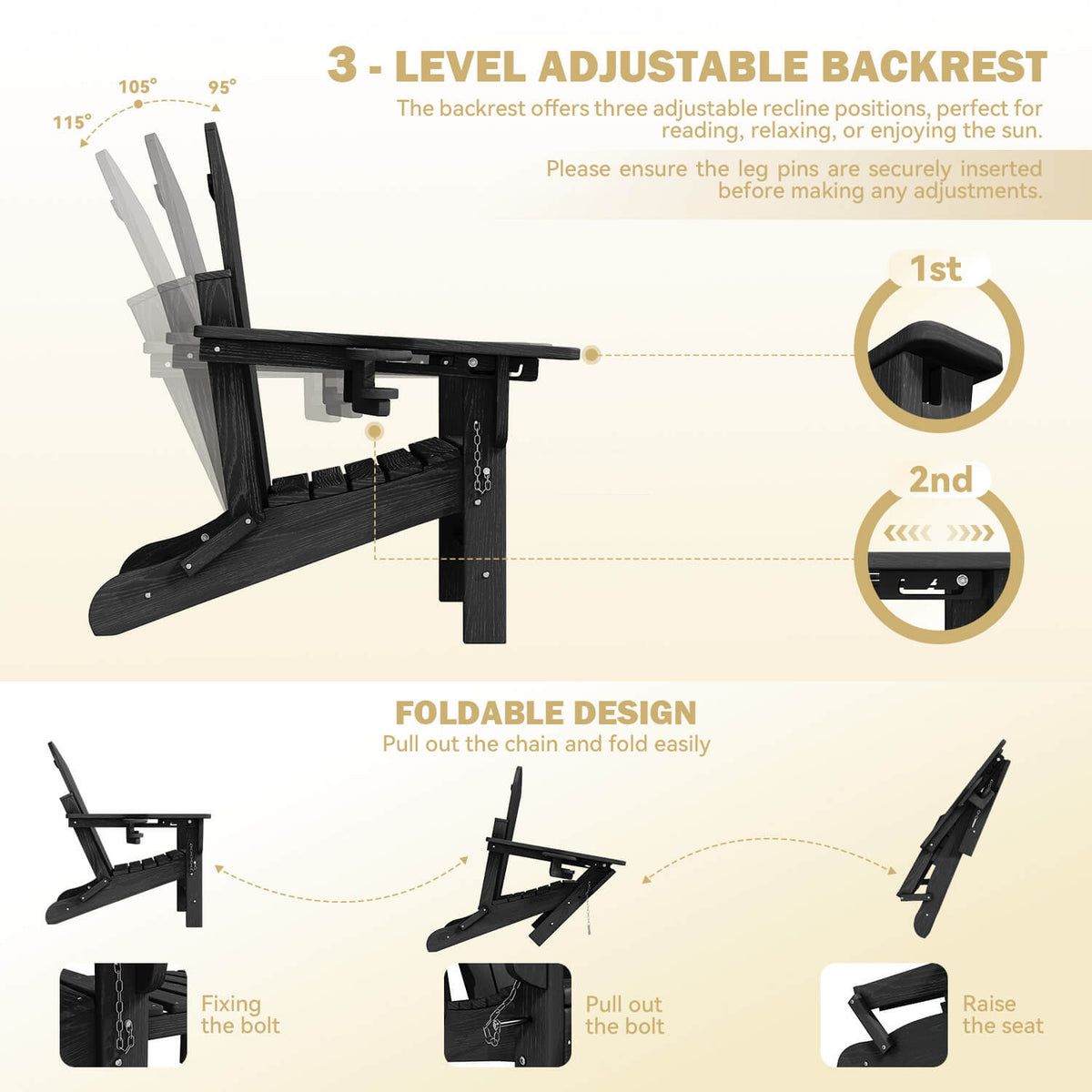 EROMMY 3-Level  Adjustable Adirondack Chair with Retractable Ottoman, Folding HDPE Outdoor Chair with Cup Holders, Black