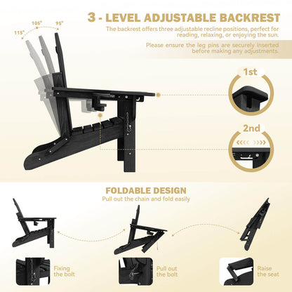 EROMMY 3-Level  Adjustable Adirondack Chair with Retractable Ottoman, Folding HDPE Outdoor Chair with Cup Holders, Black