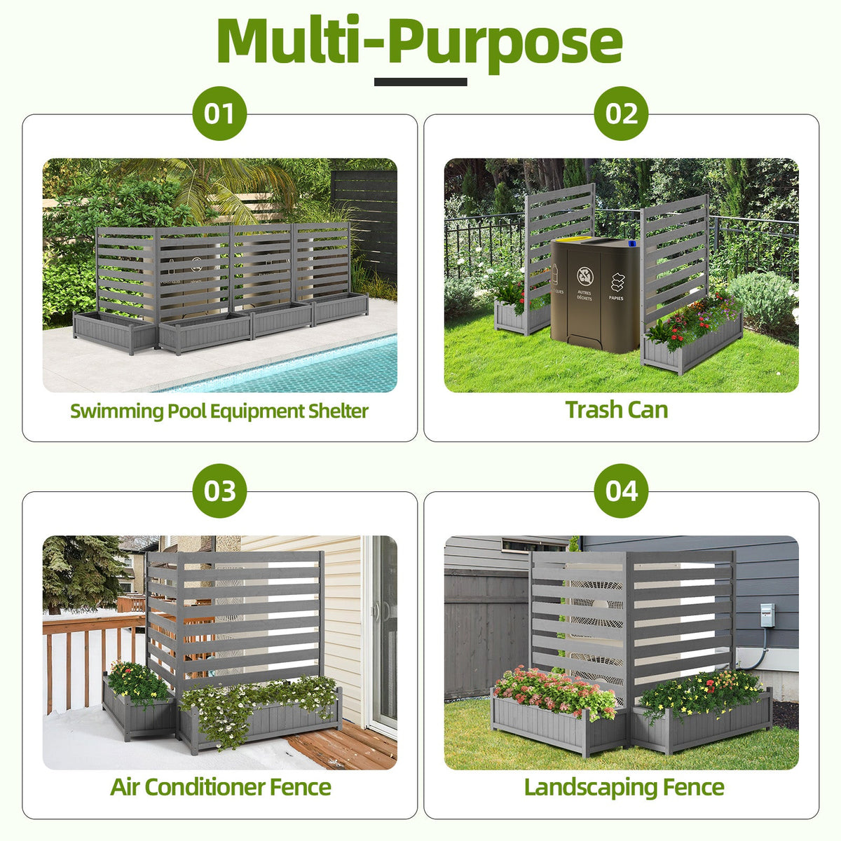 EROMMY 2-Pack No-Dig Privacy Fence Planter 36" W x 45" H, Wood Outdoor Screen for AC Unit, Trash & Flower Bed, Weather-Resistant, Grey