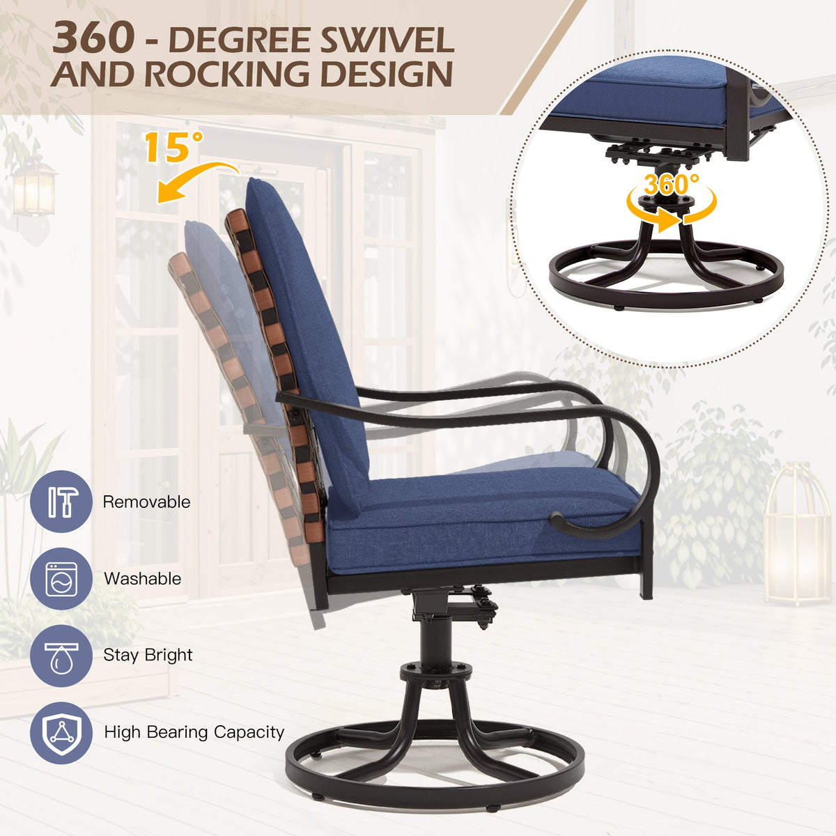 EROMMY Swivel Patio Chairs Set of 4 with Thickened Cushions, Blue
