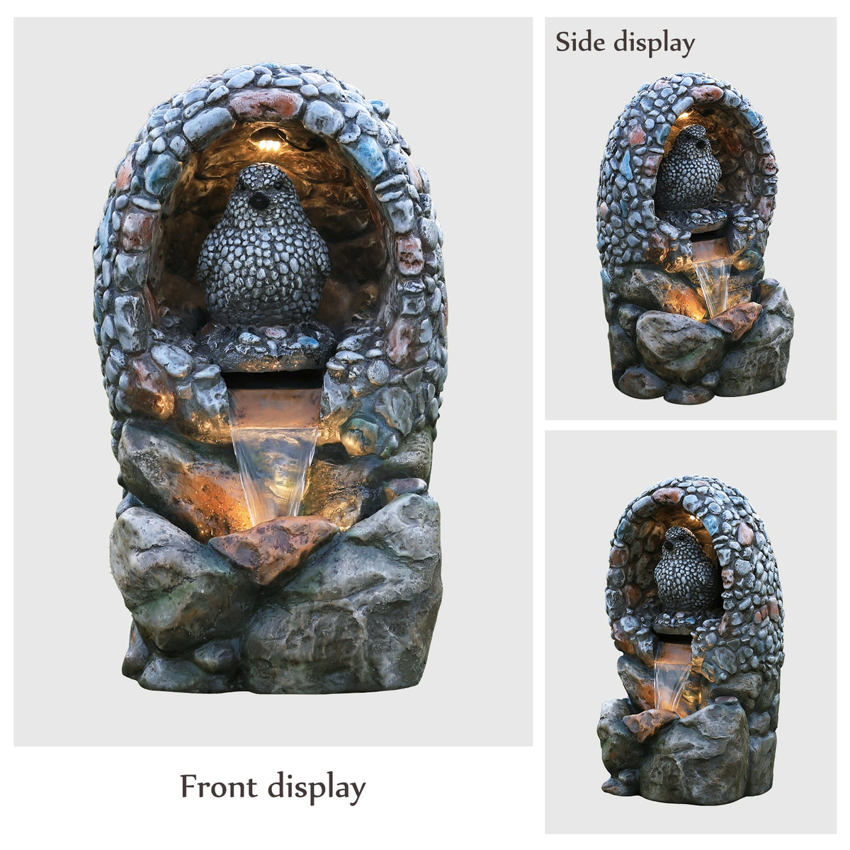 EROMMY Outdoor Water Fountain - Rock-Hollow Bird Outdoor Waterfall Fountain with LED Lights Effect for Patio Deck Yard Home, Gray