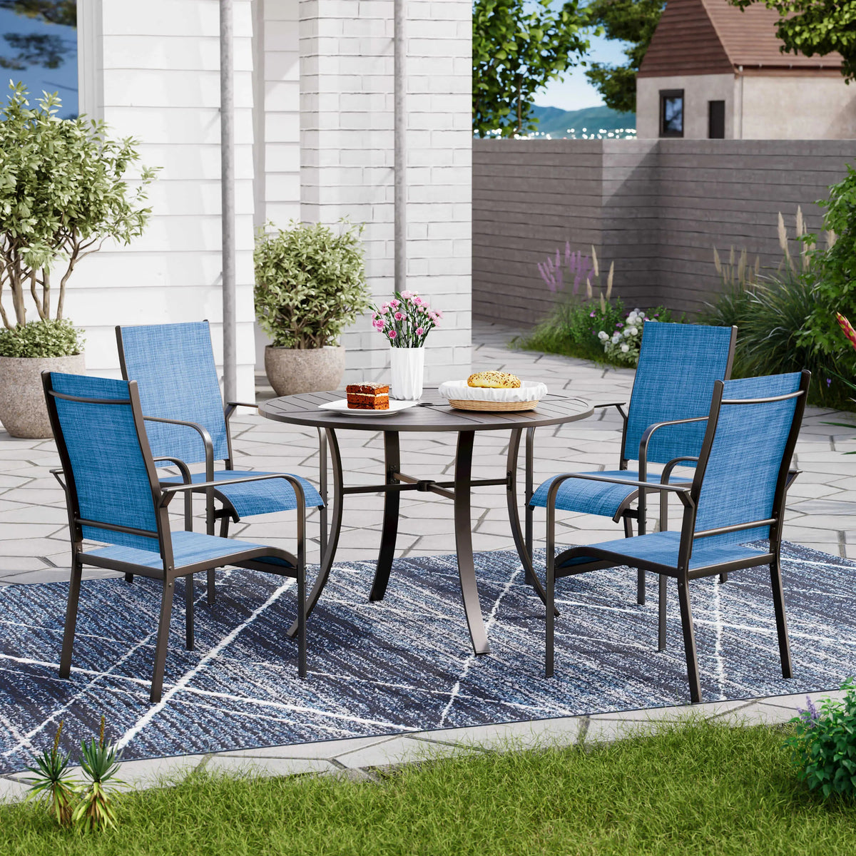 EROMMY 6 Pack Outdoor Dining Chairs, Stackable Patio Chairs with Breathable Textilene & Durable Metal Frame, Blue