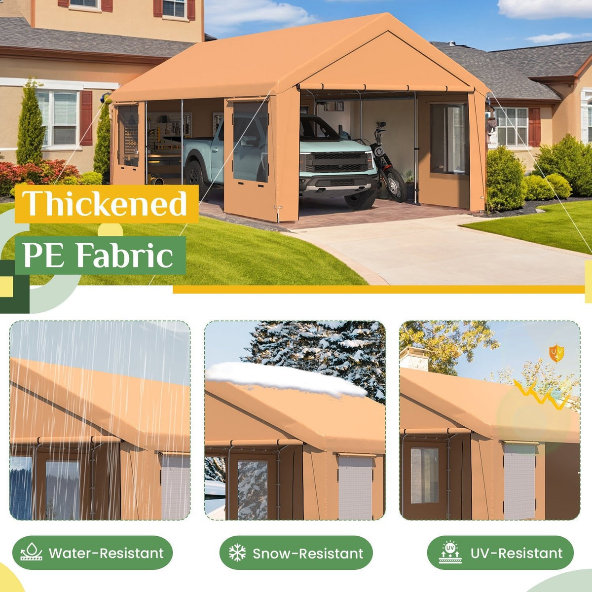 EROMMY 12' x 24' Heavy Duty Carport，Portable Garage with UV Protection & Steel Frame, Car Port with Removable Sidewalls, All-Season Car Canopy for Tractor, Truck, Boat, Yellow