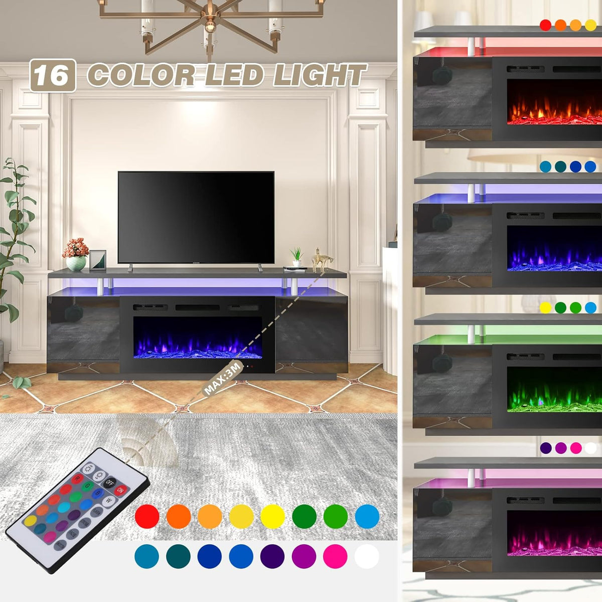 EROMMY 70 Inch TV Stand Entertainment Center, Black – Fireplace Not Included