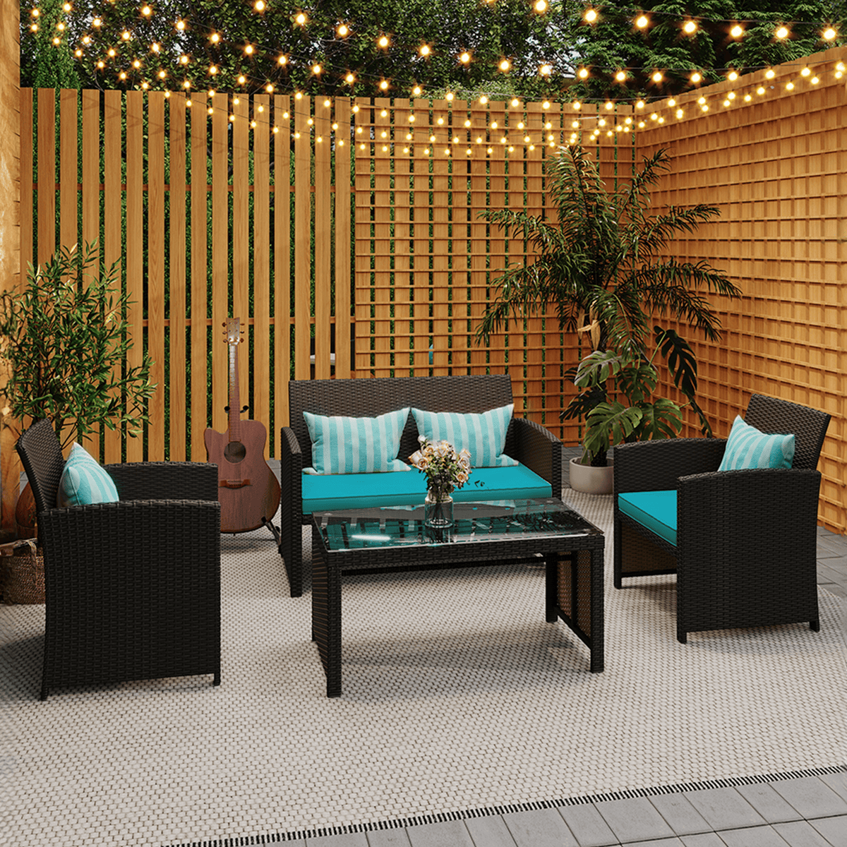 EROMMY 4-Piece Patio Furniture Set, Outdoor Wicker Patio Conversation Set with Cushions, Sofa & Glass Coffee Table, Blue