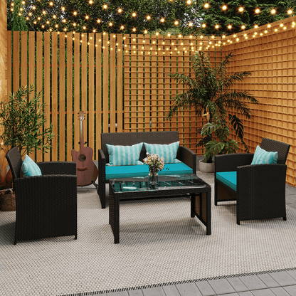 EROMMY 4-Piece Patio Furniture Set, Outdoor Wicker Patio Conversation Set with Cushions, Sofa & Glass Coffee Table, Blue