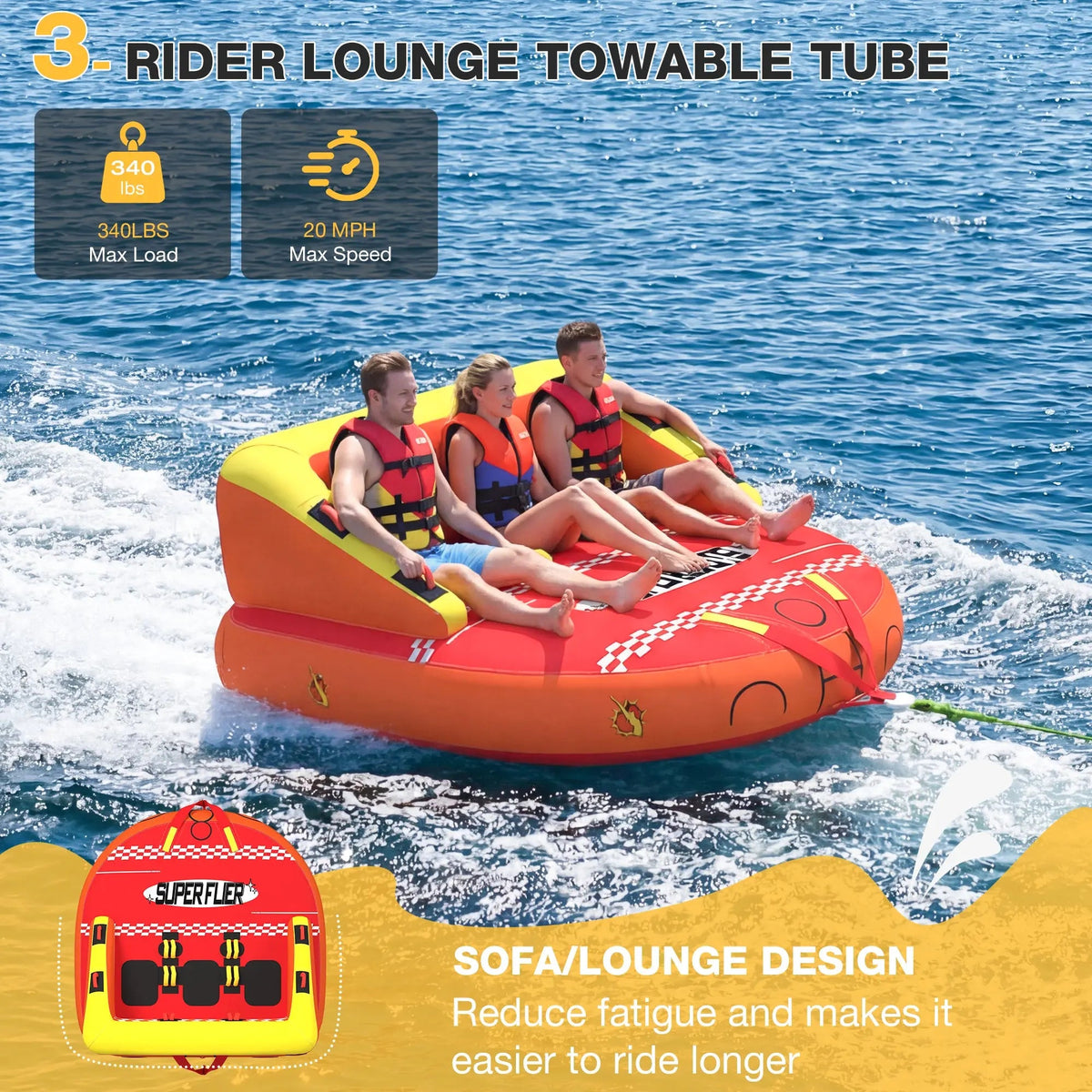 EROMMY 3-Person Towable Tubes for Boating, Front/Back Tow Points Sofa Couch Style Boat Tubes