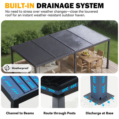 EROMMY Pergola Louvered 10x20, Aluminum Hardtop Pergola with Adjustable Roof for Sun & Rain Shade, Outdoor Gazebo with Integrated Drainage System, Modern Rustproof Patio Canopy Carport