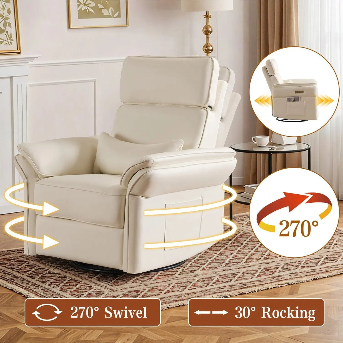 EROMMY Power Swivel Rocking Recliner Chair with Adjustable Headrest and Armrests, Beige