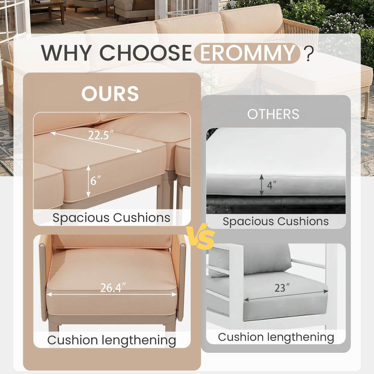 EROMMY 6-Piece Aluminum Outdoor Sectional Sofa Set with Ottoman, Cushions & Coffee Table, Beige